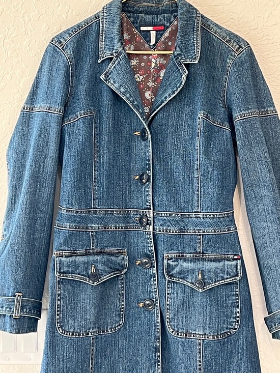 Tommy Hilfiger Y2K Stretch Denim Coat Floral Paisley Lined Long Jacket Size L - Picture 2 of 16